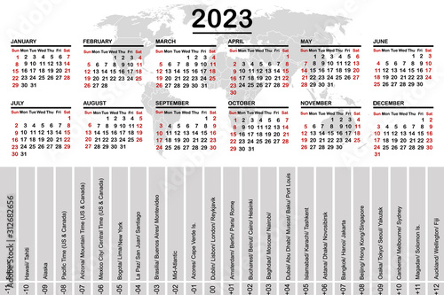 2023 calendar with world map and time zones