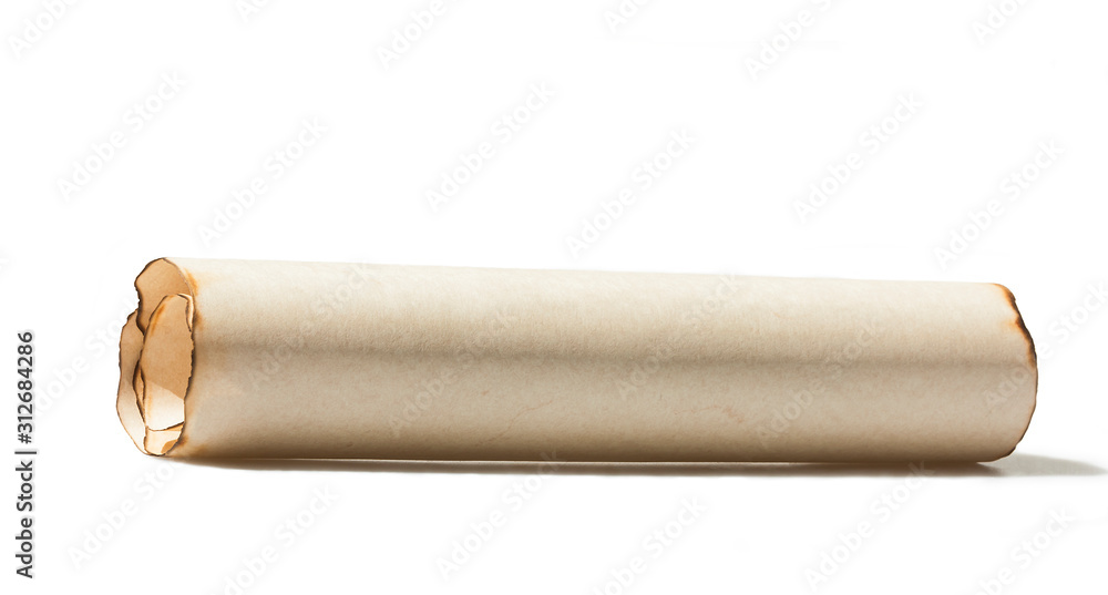 Old brown paper scroll with burned edges, on white background, isolated Old brown paper scroll with burned edges, on white background, isolated