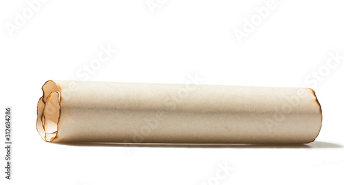 Old brown paper scroll with burned edges  on white background  isolated