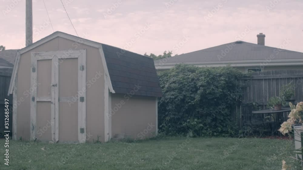 A timelapse shot in a suburban backyard during overcast conditions in Kenosha, Wisconsin. Features a beige barn-shed in the foreground, a hops plant behind it and a rotten out wooden fence. A timelapse shot in a suburban backyard during overcast conditions in Kenosha, Wisconsin. Features a beige barn-shed in the foreground, a hops plant behind it and a rotten out wooden fence.