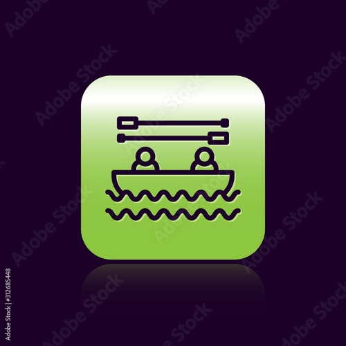 Black line Boat with oars and people icon isolated on black background. Water sports, extreme sports, holiday, vacation, team building. Green square button. Vector Illustration