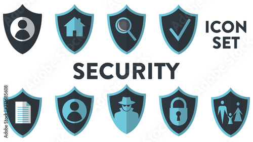 Set of security vector icons. Each of nine icons has a shield on the background
