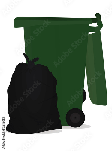 Green garbage bag and bin. vector illustration