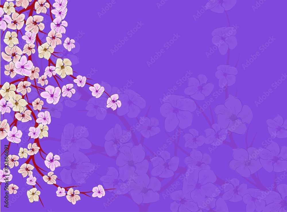 Sakura on light background. Sakura vector flower. Vector floral print. Blooming cherry blossom petals. Japanese culture. Floral design. Blooming tree. Banner template. Sakura on light background. Sakura vector flower. Vector floral print. Blooming cherry blossom petals. Japanese culture. Floral design. Blooming tree. Banner template.