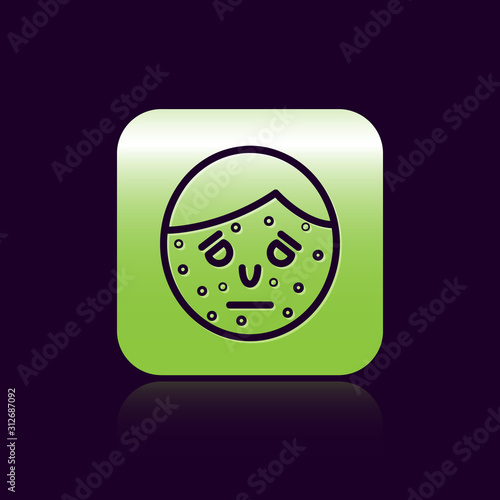 Black line Face with psoriasis or eczema icon isolated on black background. Concept of human skin response to allergen or chronic body problem. Green square button. Vector Illustration