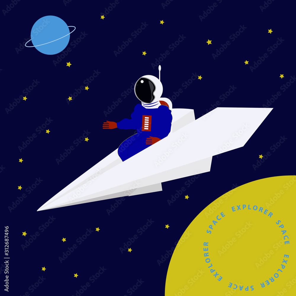 Astronaut flies on a paper plane - dark blue background - vector. Space exploration. Astronaut flies on a paper plane - dark blue background - vector. Space exploration.