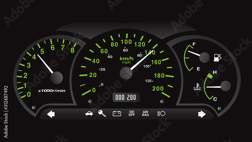 Black and neon green car dashboard with gauge
