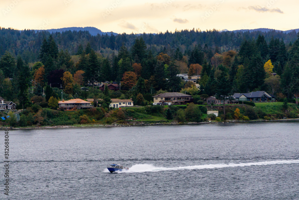 Fototapeta premium Campbell River, Vancouver Island, British Columbia, Canada. View of Fishing Boat with residential homes on the ocean shore in background during a cloudy evening.