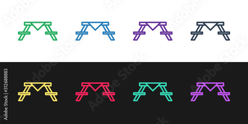 Set line Picnic table with benches on either side of the table icon isolated on black and white background.  Vector Illustration