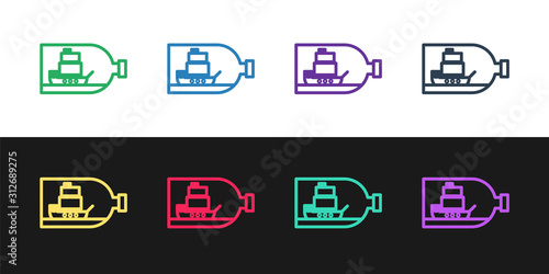 Set line Glass bottle with ship inside icon isolated on black and white background. Miniature model of marine vessel. Hobby and sea theme.  Vector Illustration