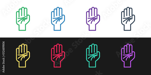 Set line Palmistry of the hand icon isolated on black and white background. Vector Illustration