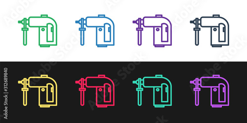 Set line Electric rotary hammer drill machine icon isolated on black and white background. Working tool for construction, finishing, repair work. Vector Illustration