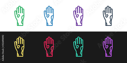 Set line Hand with psoriasis or eczema icon isolated on black and white background. Concept of human skin response to allergen or chronic body problem. Vector Illustration