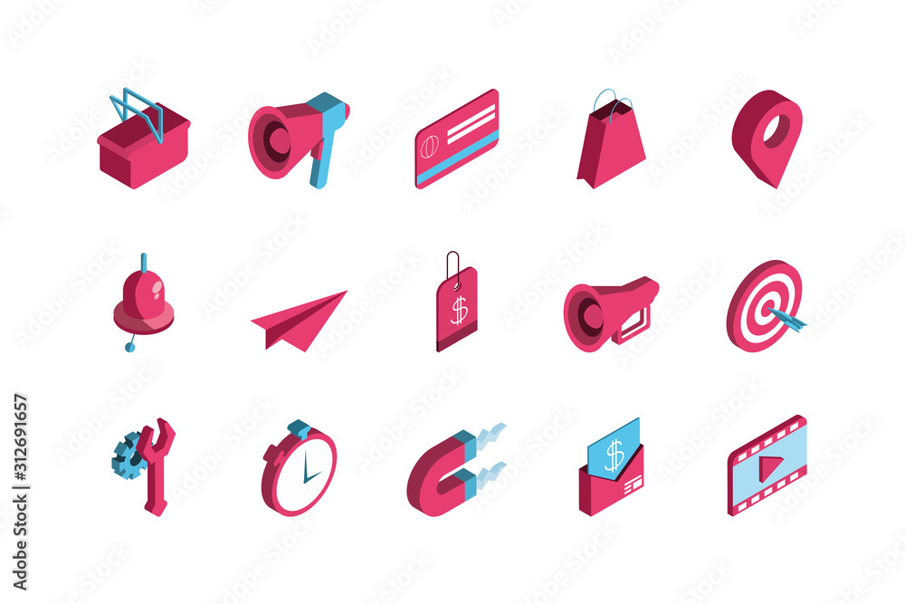 Isolated red digital marketing icon set vector design