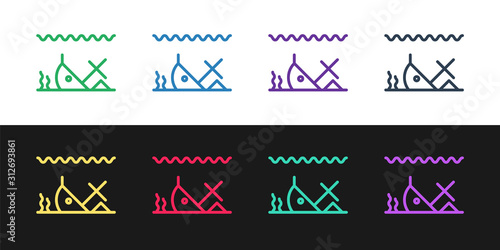 Set line Sunken ship at the bottom of the sea icon isolated on black and white background. Vector Illustration