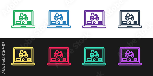 Set line Laptop application for control a autonomous tractor on a smart farm icon isolated on black and white background. Smart agriculture implement. Vector Illustration