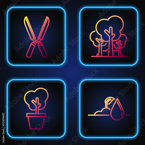 Set line Watering sprout, Tree in pot, Gardening handmade scissors for trimming and Trees. Gradient color icons. Vector