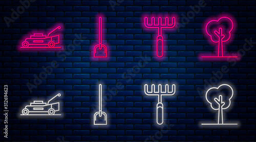 Set line Shovel, Garden rake, Lawn mower and Tree. Glowing neon icon on brick wall. Vector