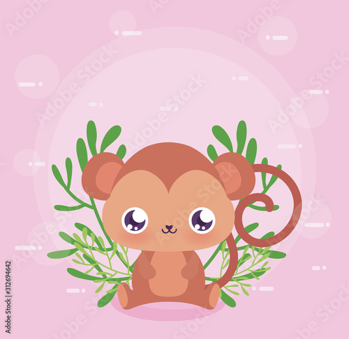 kawaii monkey cartoon with leaves vector design