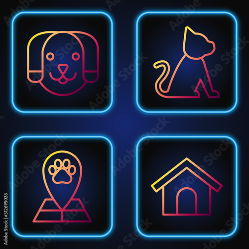 Set line Dog house, Map pointer with veterinary medicine hospital, Dog and Cat. Gradient color icons. Vector