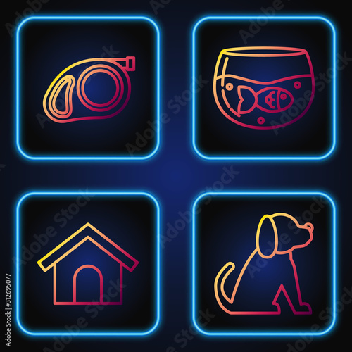 Set line Dog, Dog house, Retractable cord leash with carabiner and Aquarium with fish. Gradient color icons. Vector