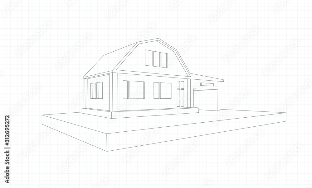 Technical drawing of a country cottage in the style of 3D on a notebook sheet