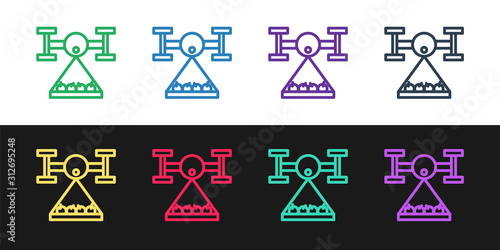 Set line Smart farm with drone control collects harvest icon isolated on black and white background. Innovation technology for agricultural company. Vector Illustration