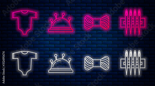 Set line Needle bed and needles, Sewing thread on spool, Baby clothes and Needle for sewing. Glowing neon icon on brick wall. Vector
