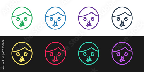 Set line Runny nose icon isolated on black and white background. Rhinitis symptoms, treatment. Nose and sneezing. Nasal diseases. Vector Illustration