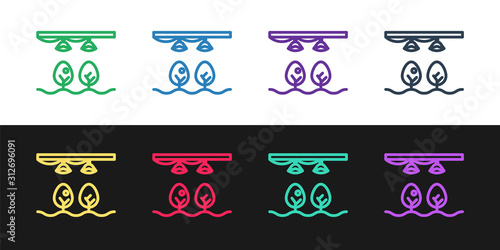 Set line Smart farm with light bulb and plant symbol icon isolated on black and white background. Vector Illustration