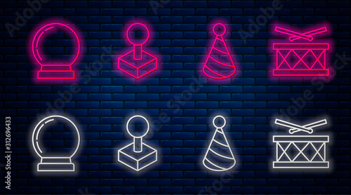 Set line Joystick for arcade machine, Party hat, Magic ball and Drum with drum sticks. Glowing neon icon on brick wall. Vector