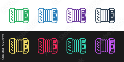 Set line Musical instrument accordion icon isolated on black and white background. Classical bayan, harmonic. Vector Illustration