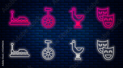 Set line Unicycle or one wheel bicycle, Riding kid duck, Bumper car and Comedy theatrical masks. Glowing neon icon on brick wall. Vector