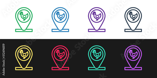 Set line Chicken farm and location icon isolated on black and white background. Vector Illustration