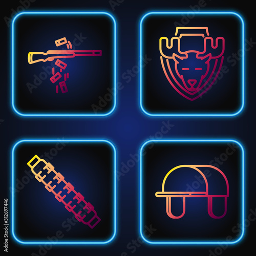 Set line Hunter hat, Hunting cartridge belt with cartridges, Gun shooting and Moose head on shield. Gradient color icons. Vector