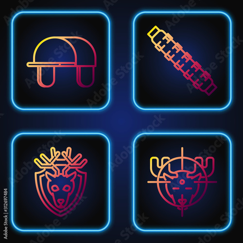 Set line Hunt on moose with crosshairs, Deer head with antlers on shield, Hunter hat and Hunting cartridge belt with cartridges. Gradient color icons. Vector