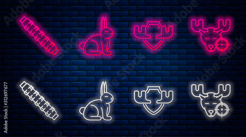 Set line Rabbit, Moose horns on shield, Hunting cartridge belt with cartridges and Hunt on moose with crosshairs. Glowing neon icon on brick wall. Vector