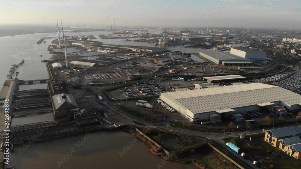 Flying away from the London Cruise Terminal in the Port of Tilbury at sunset Flying away from the London Cruise Terminal in the Port of Tilbury at sunset