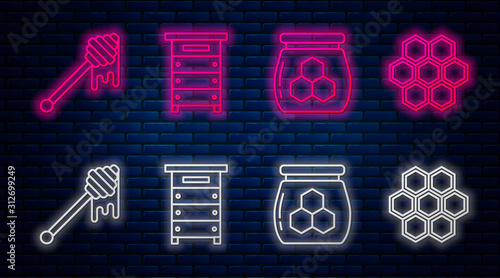 Set line Hive for bees, Jar of honey, Honey dipper stick with dripping honey and Honeycomb. Glowing neon icon on brick wall. Vector