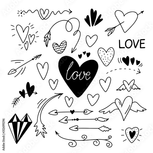 Valentines Day set arrows, hearts,  love lettering and wings. Template for stickers, greeting scrapbooking, congratulations, invitations, planners, wedding