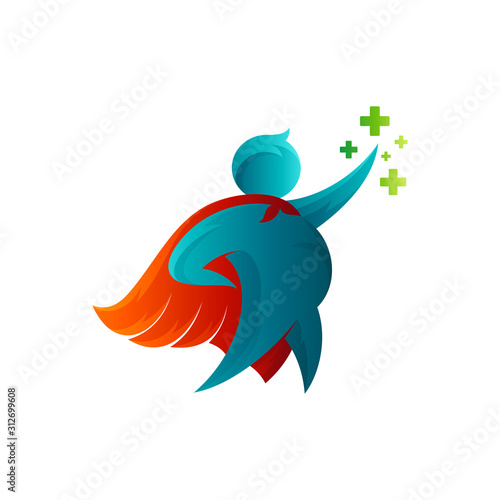 mascot logo of fat man super hero for weight loss, physical activity logo for healthy life, vector of fat people with medical cross icon, obesity logo template for world health issues