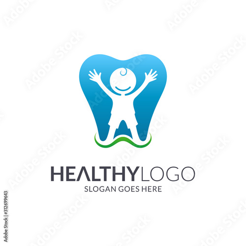 children s dental health logo  dentist logo template  vector of happy child s silhouette and teeth shape  family dental care logo