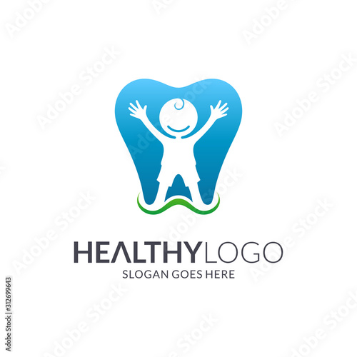 children's dental health logo, dentist logo template, vector of happy child's silhouette and teeth shape, family dental care logo