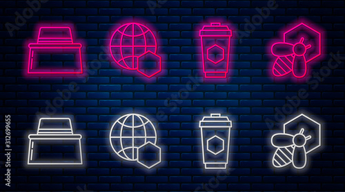 Set line Honeycomb map of the world, Cup of tea with honey, Beekeeper with protect hat and Bee and honeycomb. Glowing neon icon on brick wall. Vector