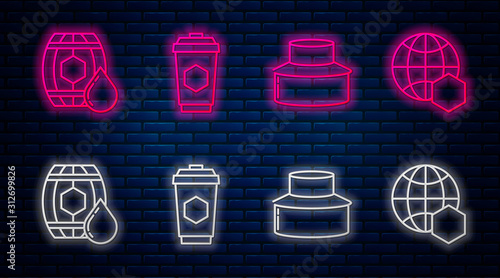 Set line Cup of tea with honey, Beekeeper with protect hat, Wooden barrel with honey and Honeycomb map of the world. Glowing neon icon on brick wall. Vector