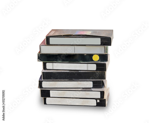 Canvastavla Stack of old video cassette on white background, This has clipping path