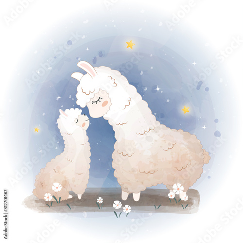 Baby shower cards. Cute llama, alpaca mother in flowers,  Vector lama mom and baby