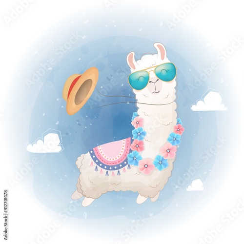 Hello Summer card. Cute Llama design floating in the sky.