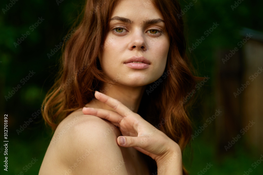 beautiful woman green leaves nature