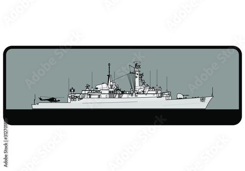 Royal Navy. Type 21 Amazon-class frigate. Side view. Vector template for illustration.
